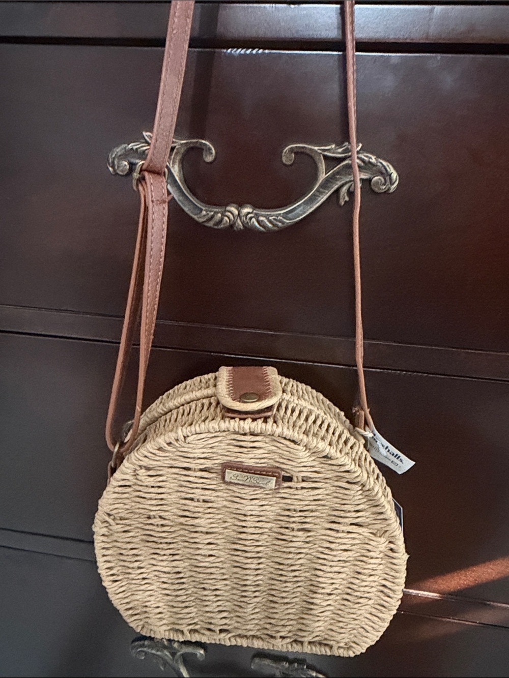 Straw Woven Round Crossbody Bag with Brown Leather Strap